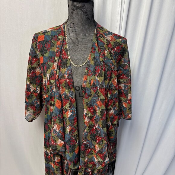 LuLaRoe Patchwork Kimono Cardigan Womens Size Large Fringe Hem Lightweight Boho - Picture 2 of 7